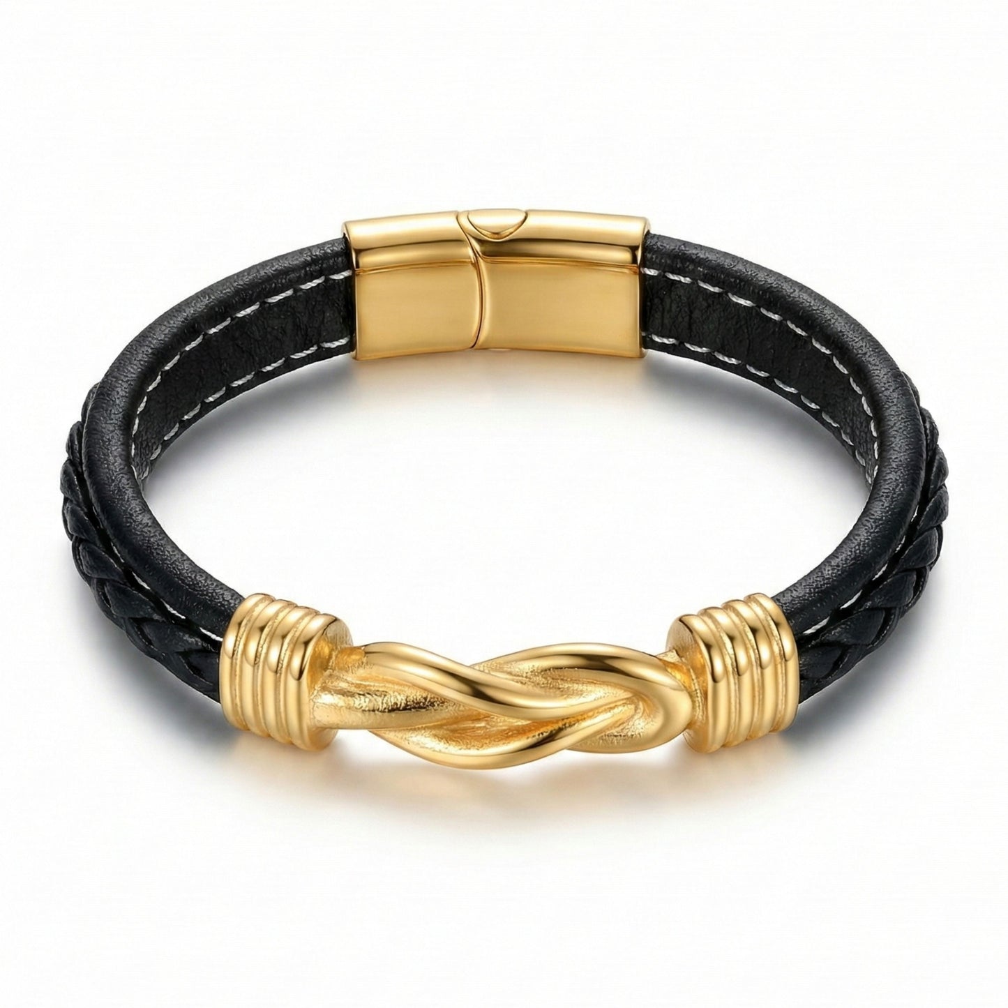 Luxury Braided Leather Bracelet with Gold-Plated Infinity Knot Clasp