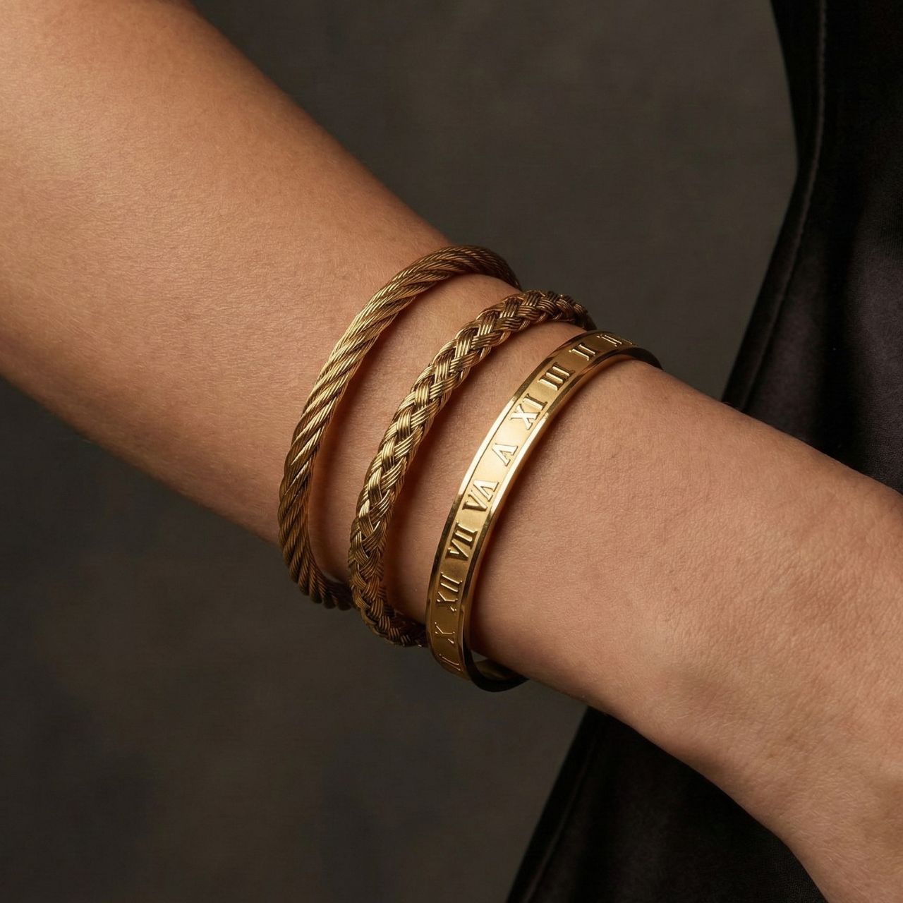 Luxury 18K Gold Plated 3-Piece Bracelet Set – Roman Numeral & Braided Bangle Trio