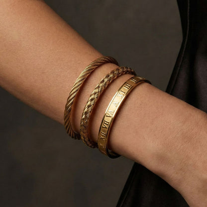 Luxury 18K Gold Plated 3-Piece Bracelet Set – Roman Numeral & Braided Bangle Trio