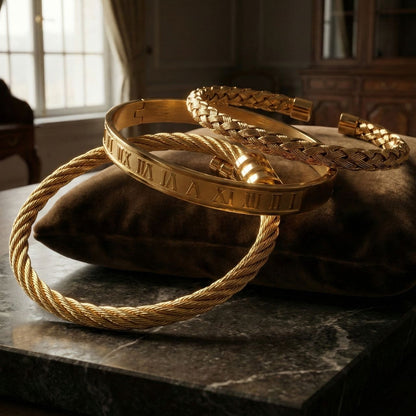 Luxury 18K Gold Plated 3-Piece Bracelet Set – Roman Numeral & Braided Bangle Trio
