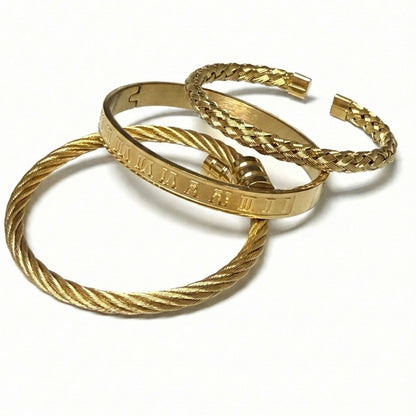 Luxury 18K Gold Plated 3-Piece Bracelet Set – Roman Numeral & Braided Bangle Trio