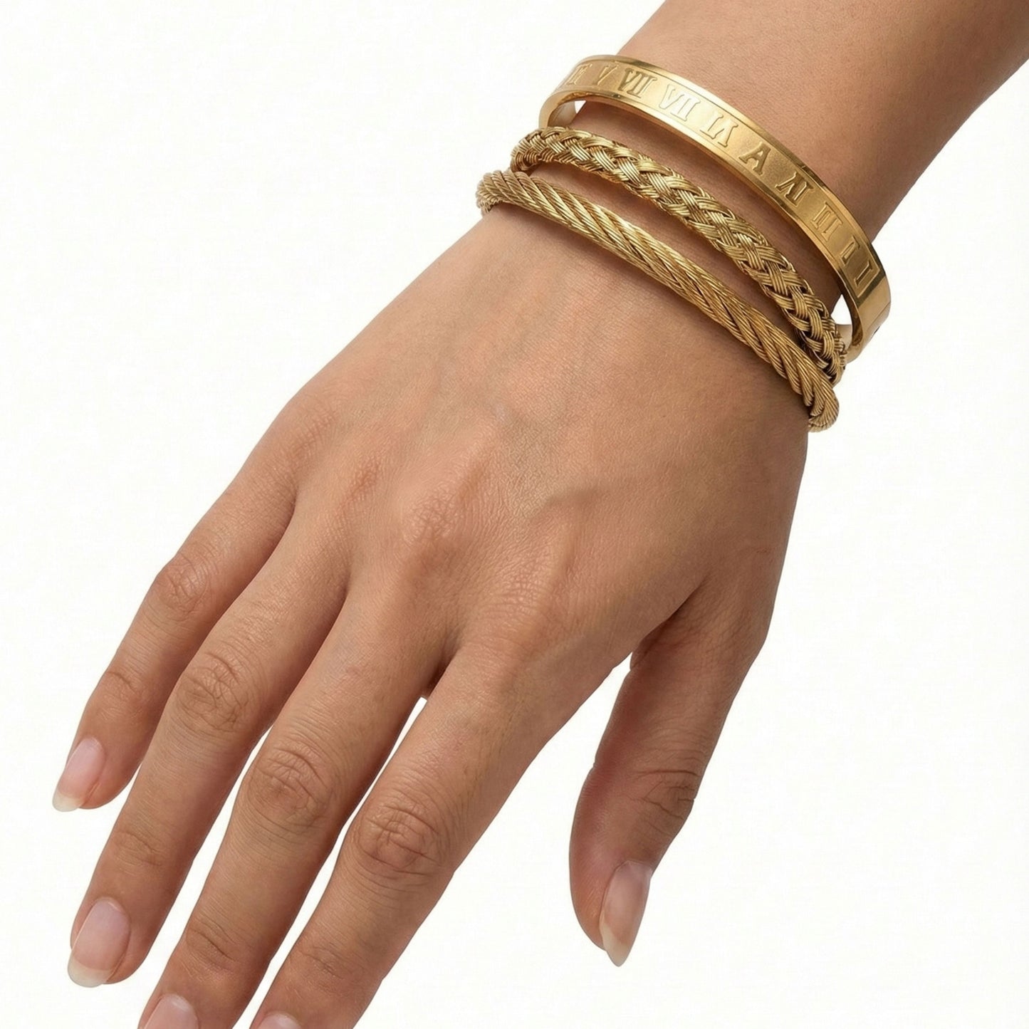 Luxury 18K Gold Plated 3-Piece Bracelet Set – Roman Numeral & Braided Bangle Trio